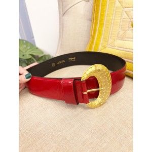 Neiman Marcus Red Wide Patent Leather Belt Gold Tone Large Buckle Women’s 80s